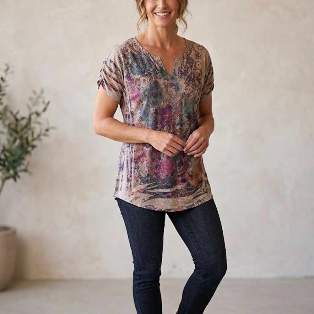 2 for $21 Michelle Designs Split-Neck Short Sleeve Printed Top